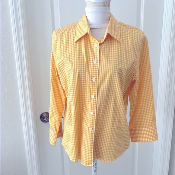 Talbots Buttercup Yellow Checked Button Down Shirt with Notched Collar - Picture 1 of 8